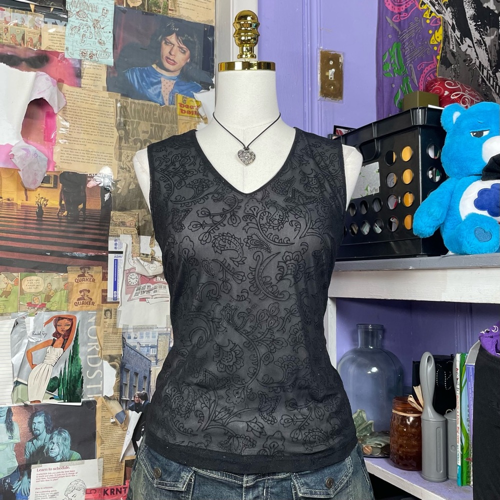 Y2K Black Mesh Floral Tank Top
